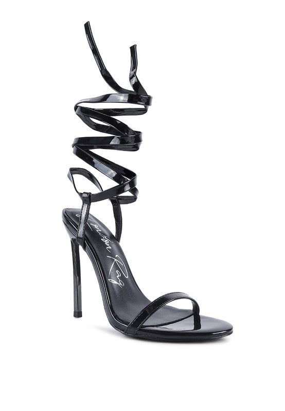 Wrap Around Leg Silver Stiletto Heel Sandals