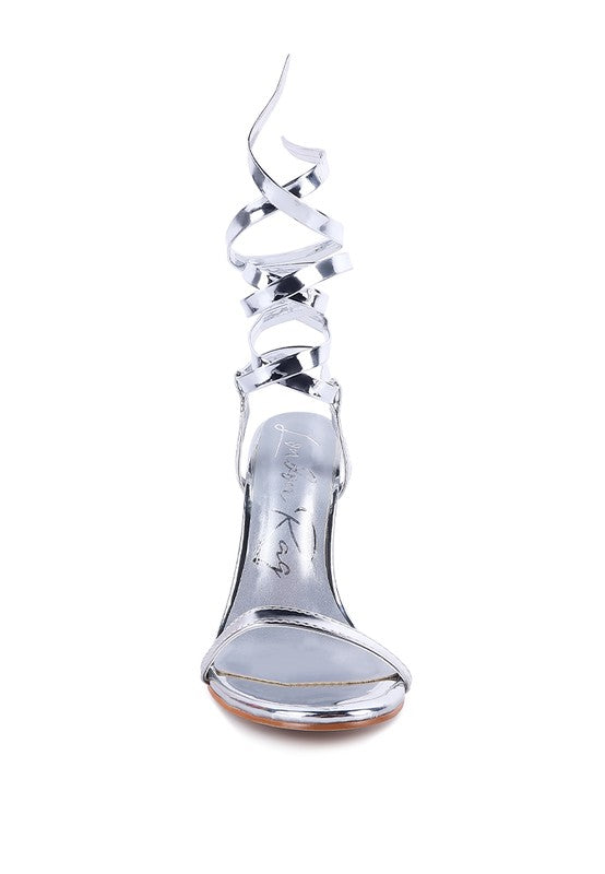 Wrap Around Leg Silver Stiletto Heel Sandals