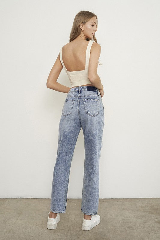 Denim Relax Fit Capris With Knee Cut Out