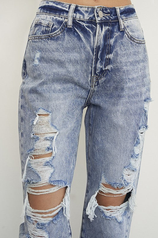 Denim Relax Fit Capris With Knee Cut Out