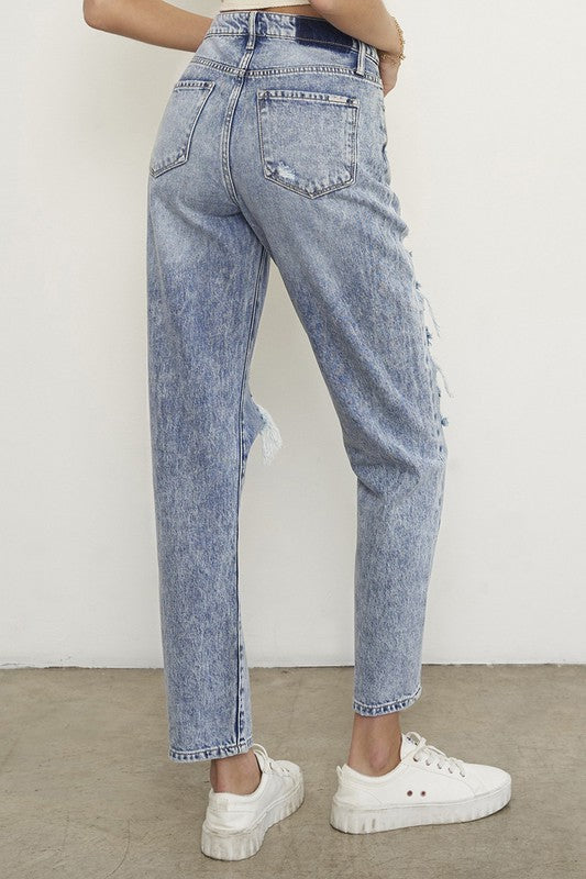 Denim Relax Fit Capris With Knee Cut Out