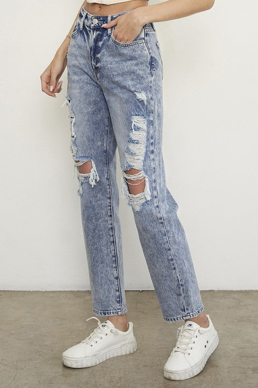 Denim Relax Fit Capris With Knee Cut Out