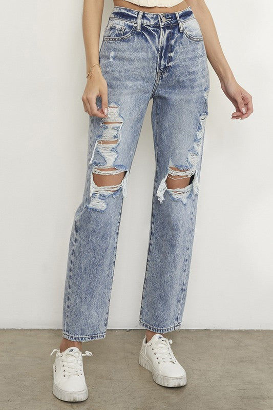 Denim Relax Fit Capris With Knee Cut Out