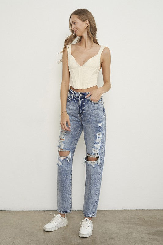 Denim Relax Fit Capris With Knee Cut Out
