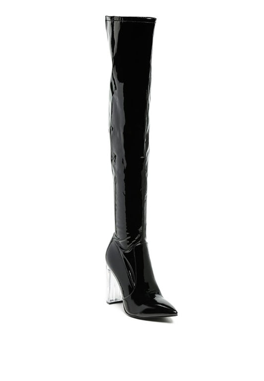 Noire Patent Pu Leather Clear Heel Thigh Boots