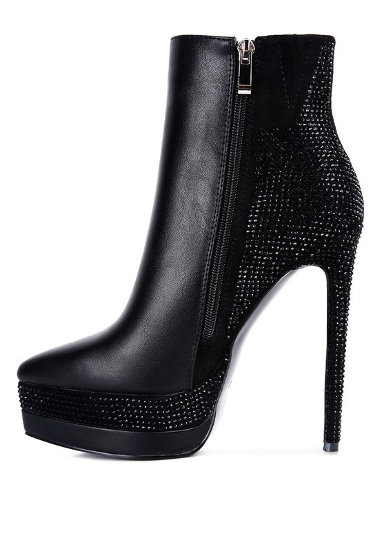 ENCANTO Bejeweled Platform Pu Leather Stiletto Heel Ankle Boot