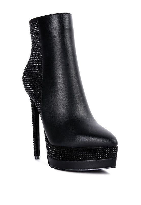 ENCANTO Bejeweled Platform Pu Leather Stiletto Heel Ankle Boot