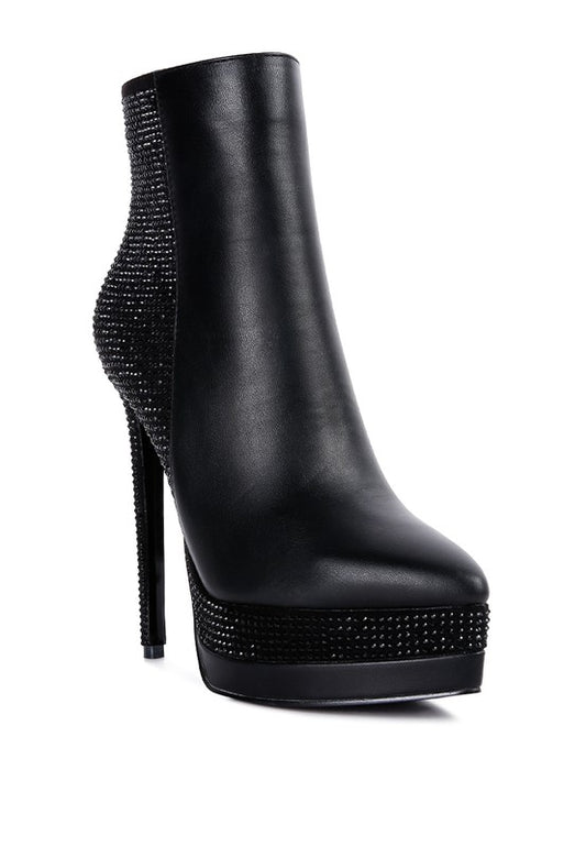 ENCANTO Bejeweled Platform Pu Leather Stiletto Heel Ankle Boot