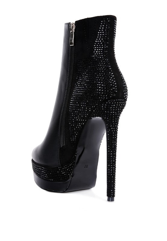 ENCANTO Bejeweled Platform Pu Leather Stiletto Heel Ankle Boot