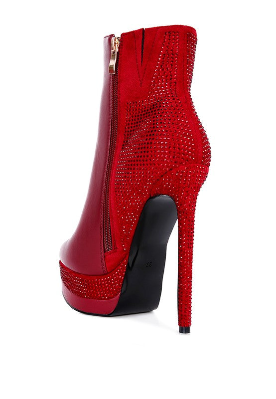 ENCANTO Bejeweled Platform Pu Leather Stiletto Heel Ankle Boot