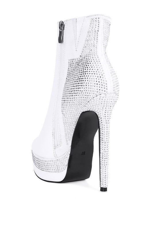 ENCANTO Bejeweled Platform Pu Leather Stiletto Heel Ankle Boot