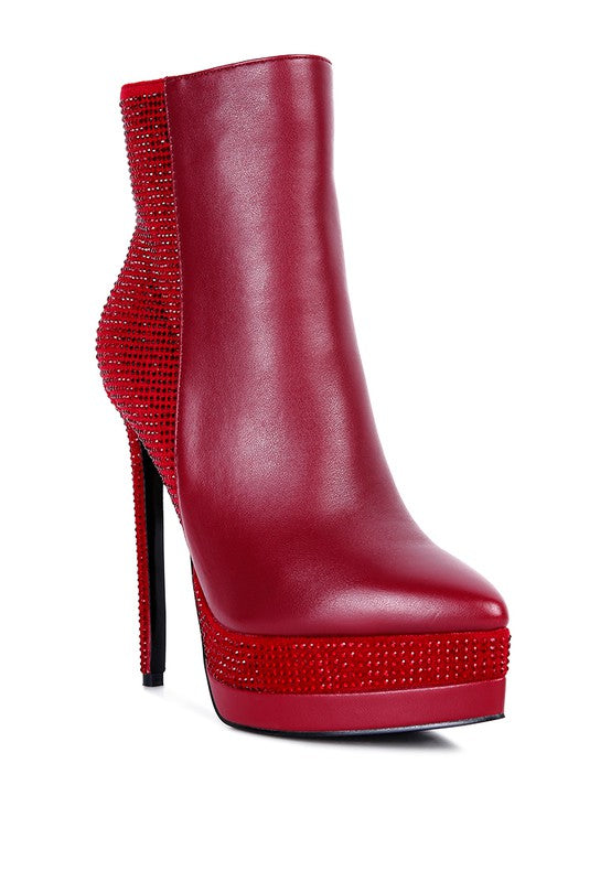 ENCANTO Bejeweled Platform Pu Leather Stiletto Heel Ankle Boot