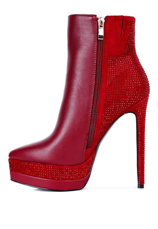 ENCANTO Bejeweled Platform Pu Leather Stiletto Heel Ankle Boot