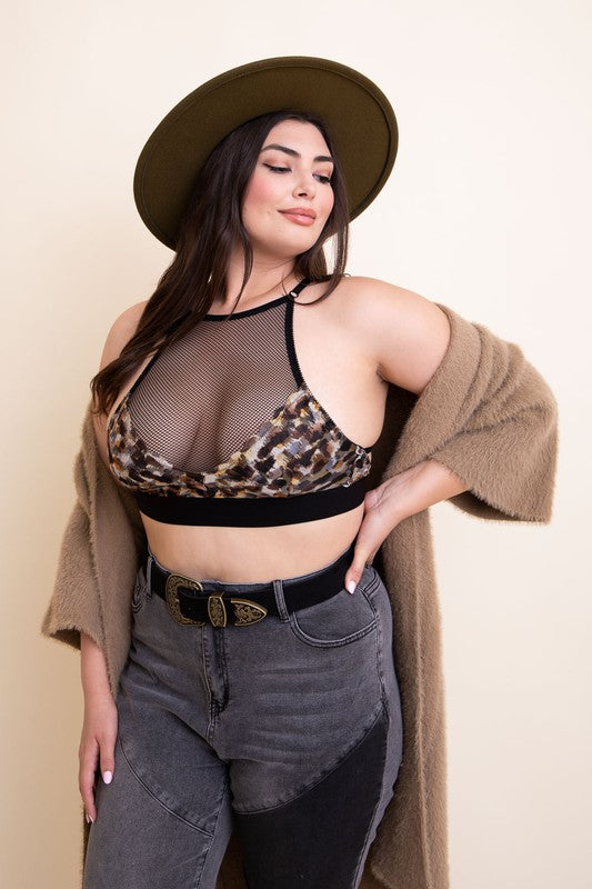 Mesh and Leopard Print Halter Neck Bralette