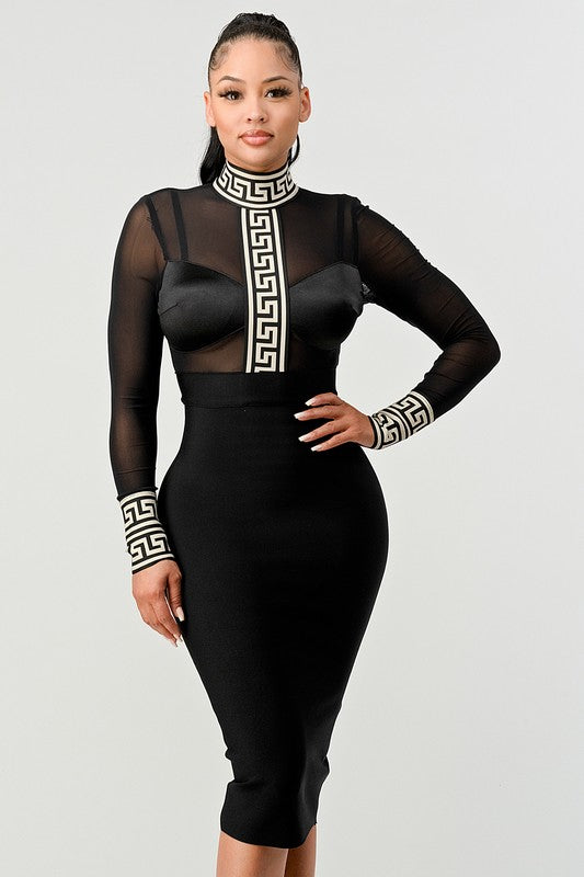 Athina Black and White Sheer Top and Solid Bottom Sexy Dress