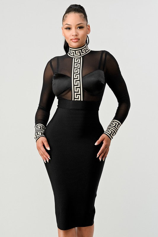 Athina Black and White Sheer Top and Solid Bottom Sexy Dress