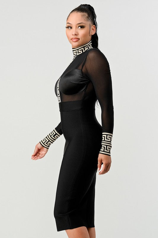 Athina Black and White Sheer Top and Solid Bottom Sexy Dress