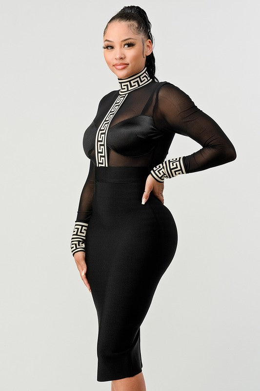 Athina Black and White Sheer Top and Solid Bottom Sexy Dress