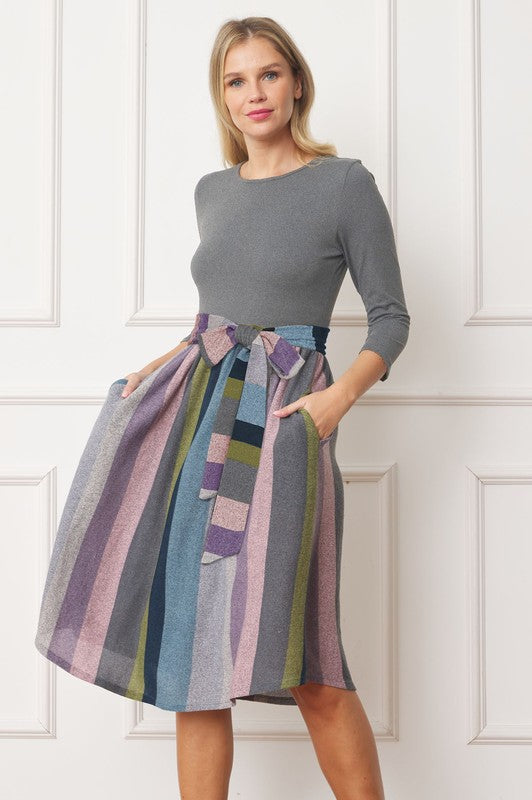 Women Belted Strip Midi Length Dress
