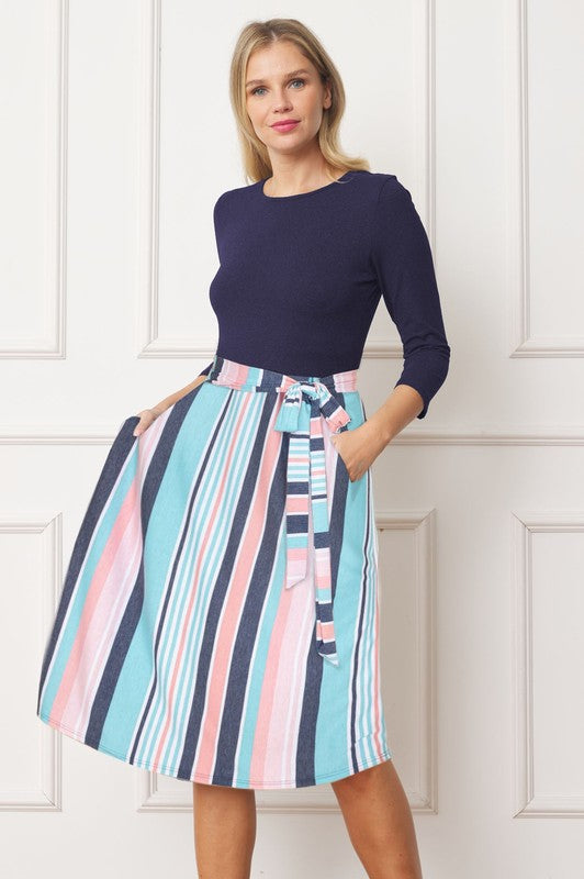 Women Belted Strip Midi Length Dress