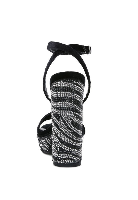 Animal Print Velvet /Diamante Studded Block Heel Sandals