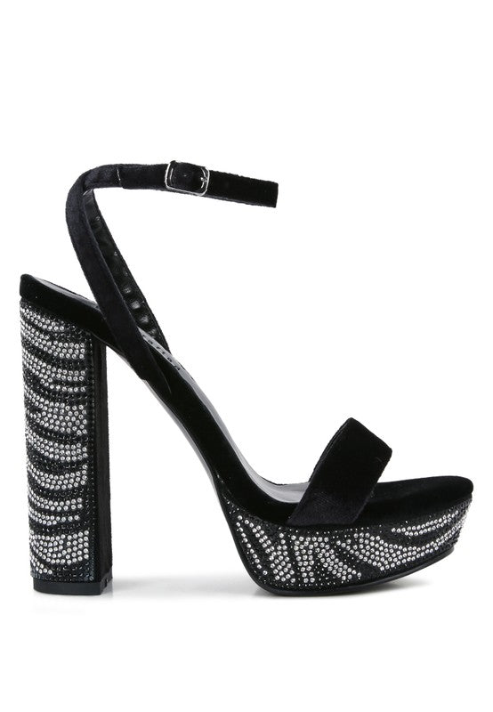 Animal Print Velvet /Diamante Studded Block Heel Sandals