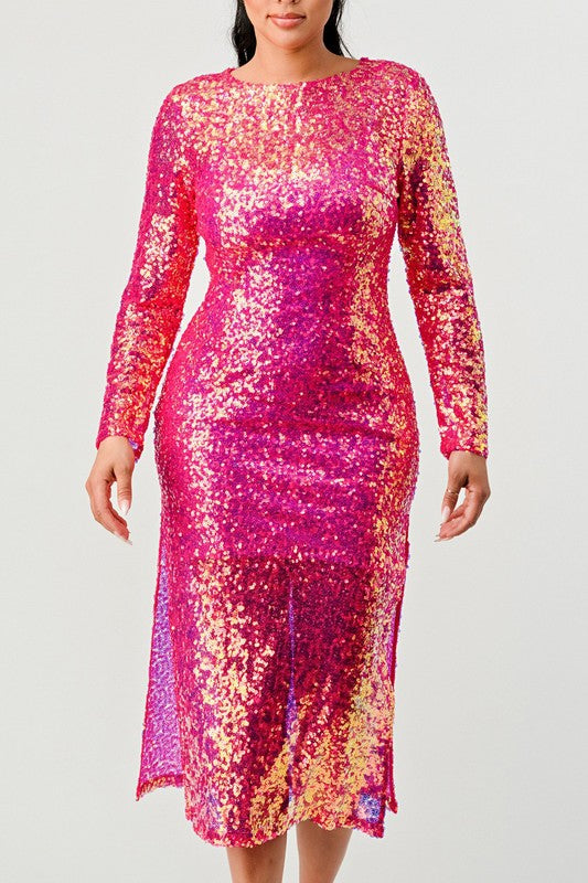 Sequin Pink Long Sleeve Midi Dress