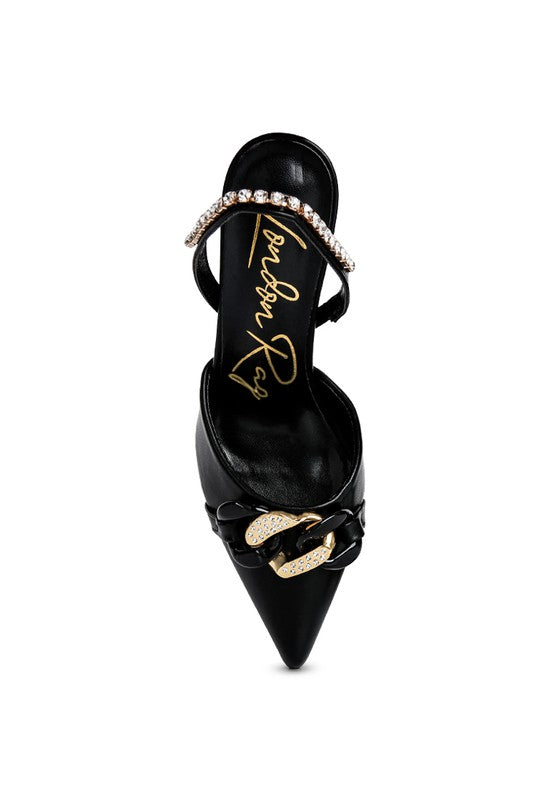 Dressy Slingback Heels With Metal Chain Embellishment