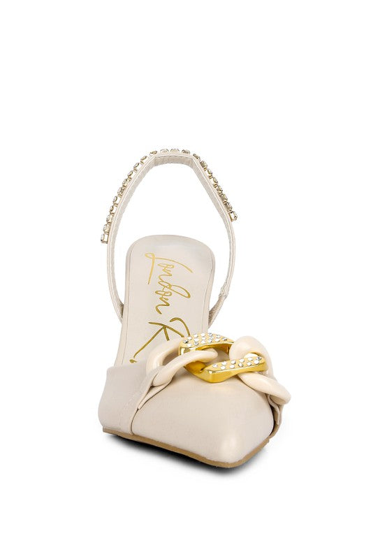 Dressy Slingback Heels With Metal Chain Embellishment