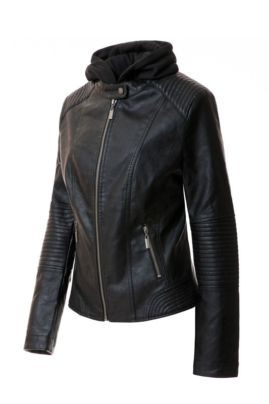 Women's PU Leather Hooded Jacket