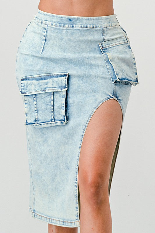 Denim Midi Jean Skirt Thigh High Split