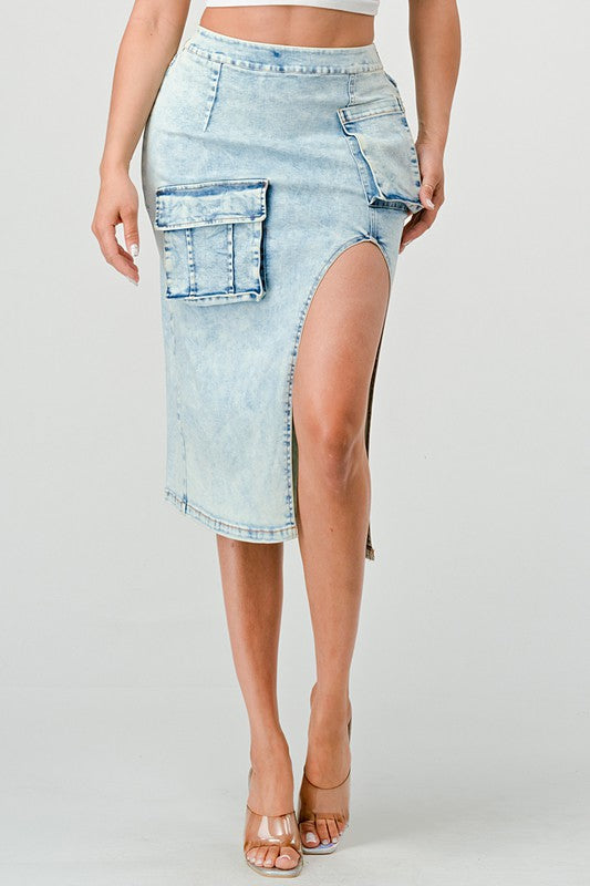 Denim Midi Jean Skirt Thigh High Split