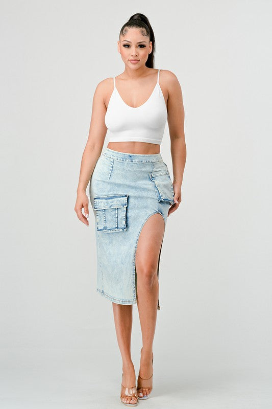 Denim Midi Jean Skirt Thigh High Split