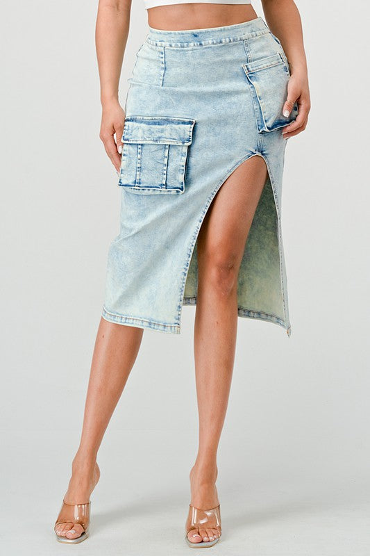 Denim Midi Jean Skirt Thigh High Split