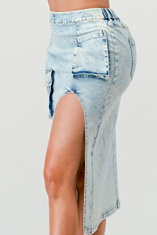 Denim Midi Jean Skirt Thigh High Split