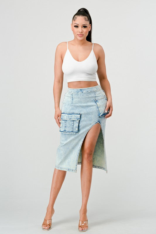 Denim Midi Jean Skirt Thigh High Split