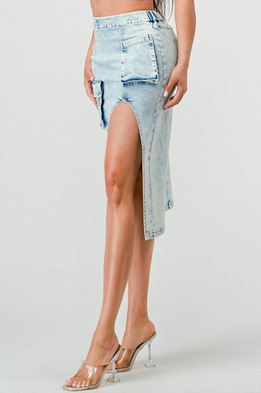 Denim Midi Jean Skirt Thigh High Split