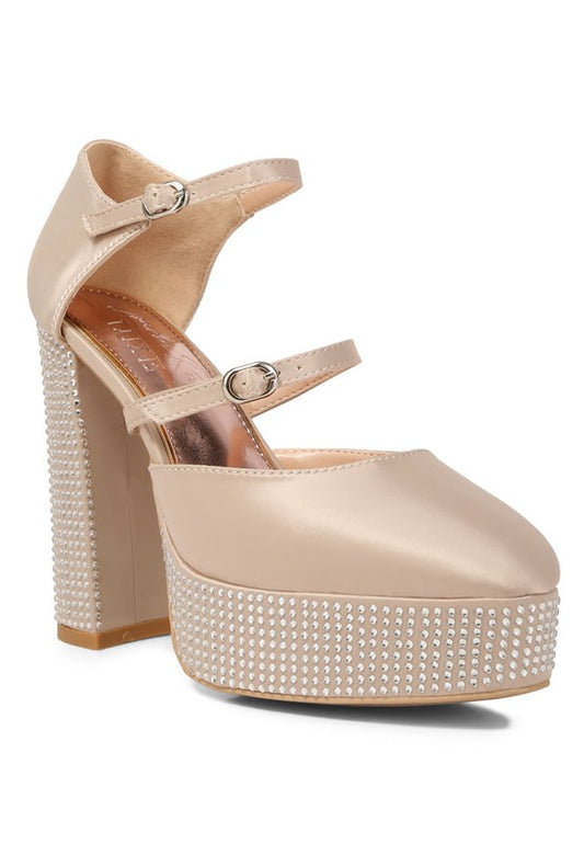 Two Strap Rhinestones Embellished Chunky Platform Satin High Heels