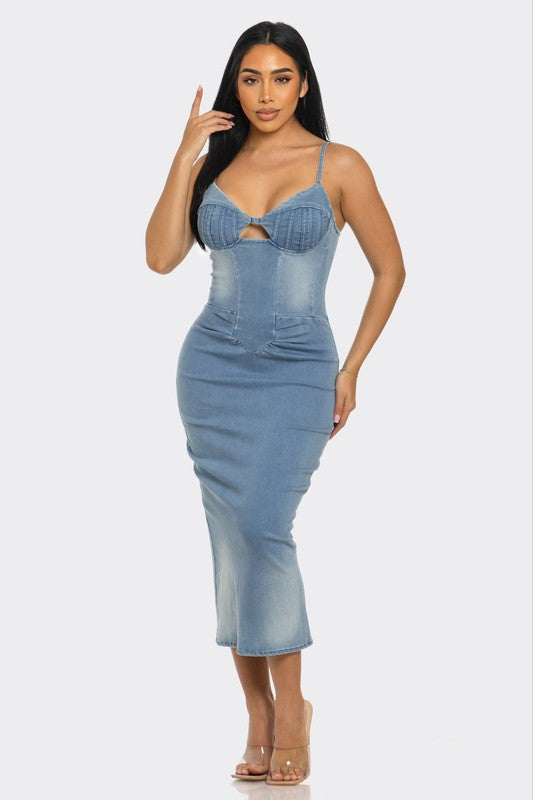 Summer Denim Knee Length Dress Spaghetti Straps