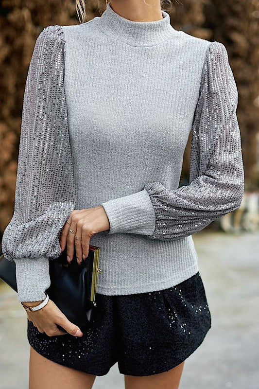 Ribbed Mock Neck Top with Sequin Sheer Sleeves