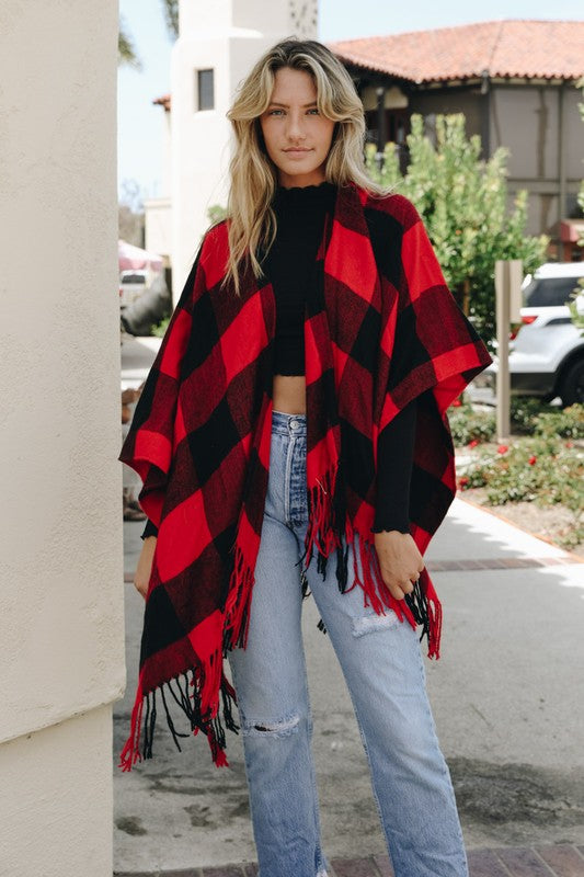 Plaid Poncho with Hanging Tassels