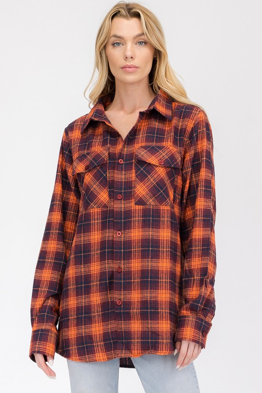 Women Button Up Plaid Long Sleeve Collard Shirt