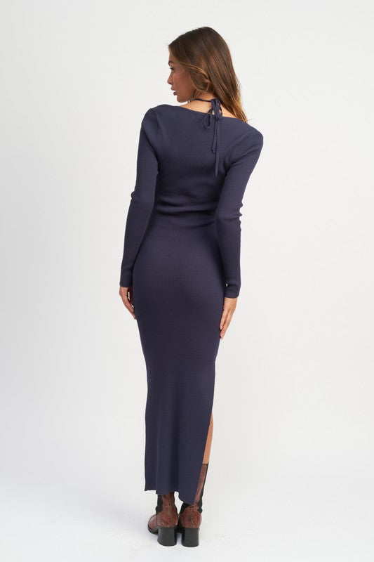 Women Halter Neck Maxi Dress Side Knee High Split
