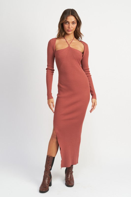 Women Halter Neck Maxi Dress Side Knee High Split