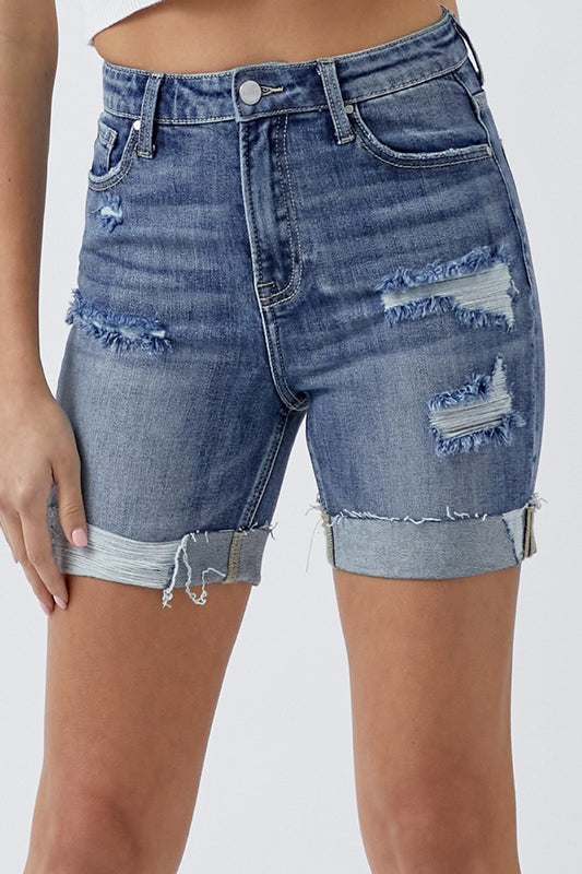 Distressed Denim Shorts with Pockets Cuff Hem