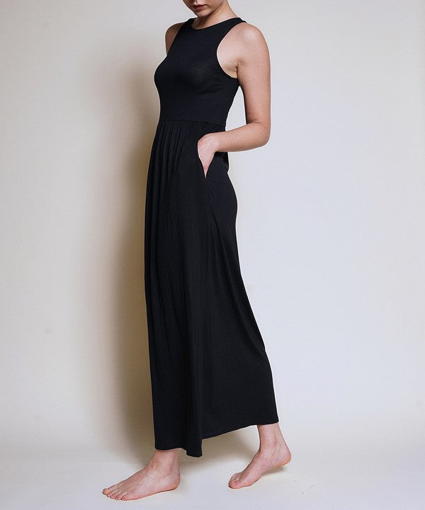 AMY DRESS BLACK Maxi Length Sundress With Side Pokets