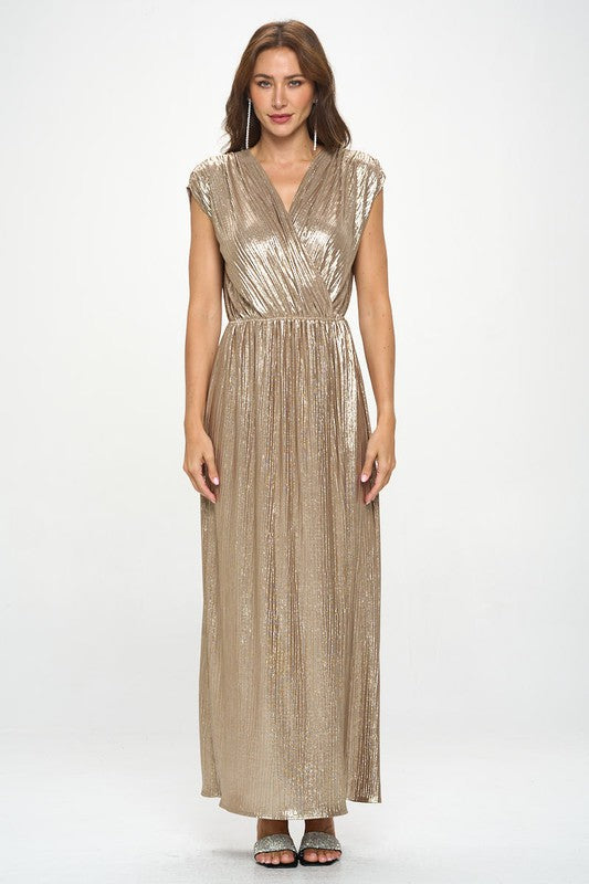 Made in USA Sleeveless Metallic Maxi Gown Side Leg Split