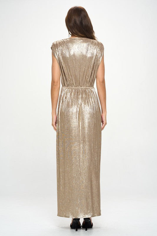 Made in USA Sleeveless Metallic Maxi Gown Side Leg Split