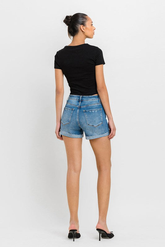 High Rise Button Up Cuff Hem Denim Shorts