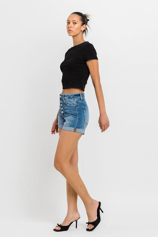 High Rise Button Up Cuff Hem Denim Shorts